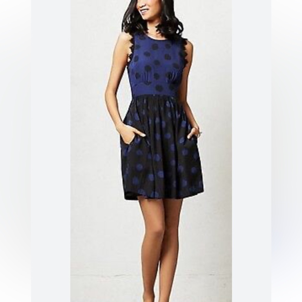 Anthropologie | Corey Lynn Calter Blue and Black Polka Dot Open Back Dress 6/P